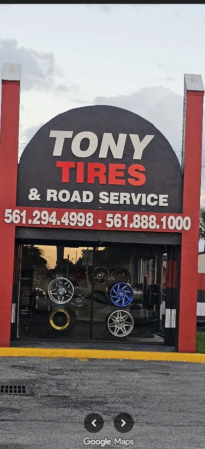 Tony’s Tires and Road Service storefront with its red and black sign