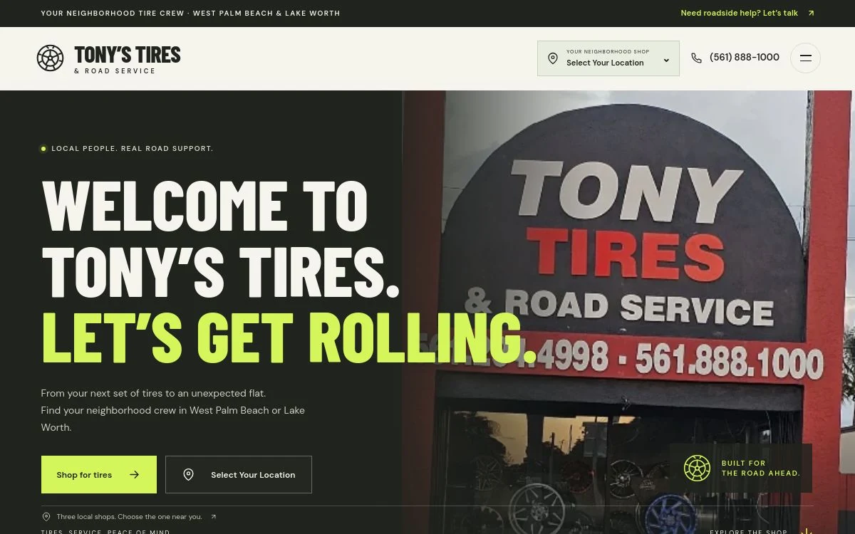 Tony’s Tires website homepage with storefront photography and navigation